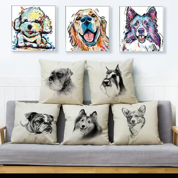 Акварельный карандашный рисунок с рисунком собаки, льняная наволочка 45 * 45 см, Автомобильная наволочка с животным принтом, наволочка для дивана, домашняя наволочка для декона