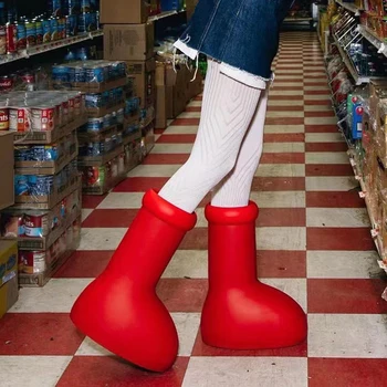Большие красные сапоги до колена, женские повседневные ботинки без застежки с круглым носком, новинка 2023 года, однотонные брендовые сапоги высокого качества, модные