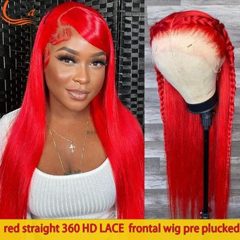 Красный Прямой 360 Полный Кружевной Фронтальный Парик из человеческих волос Для женщин HD Прозрачный 13x4 Бесклеевые Кружевные Фронтальные Парики Отбеленного Бордового цвета